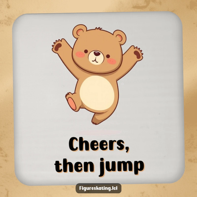 Funny drink coaster with a curious bear in a graceful jump with tucked legs, protecting surfaces humorously.