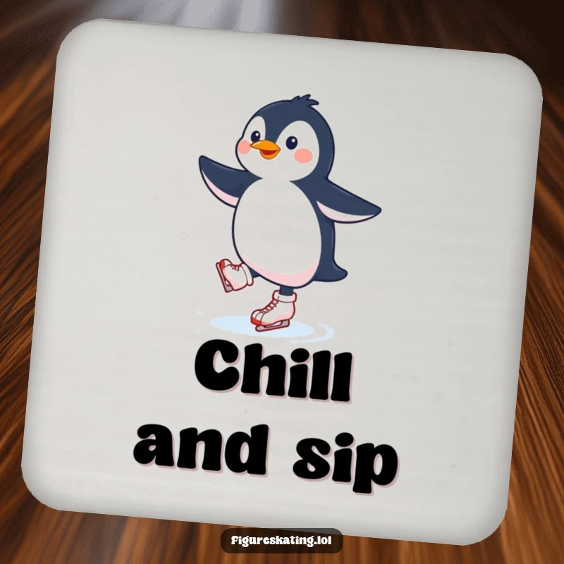 Funny penguin ice skating drink coaster featuring a gleeful penguin on skates, adding a touch of humor to beverage service.