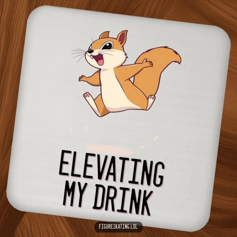 Funny squirrel coaster displaying a determined squirrel leaping, offering a humorous and protective surface for drinks, a small yet impactful gift.