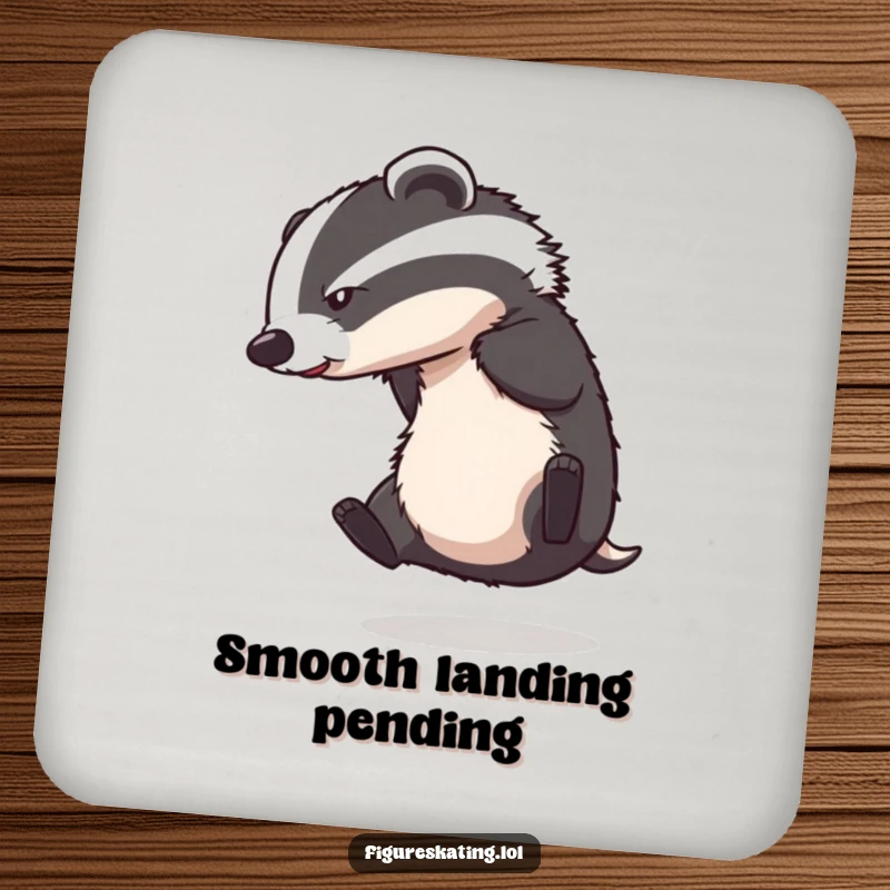 Funny circular coaster depicting a badger spinning precariously on ice skates, a humorous table protector.
