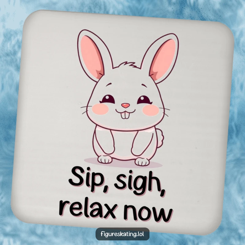 Funny Bunny Coaster featuring a chubby cartoon bunny gliding forward with a happy sigh, protecting surfaces with charm.