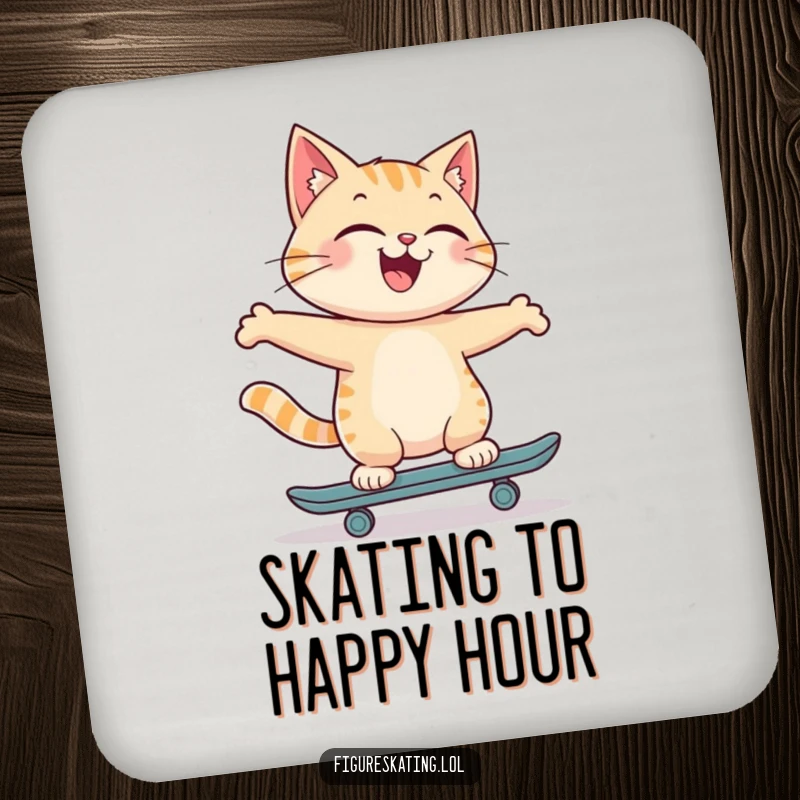 Funny drink coaster with a joyful cat skating backwards with a proud smile, protecting surfaces with feline flair and humor.