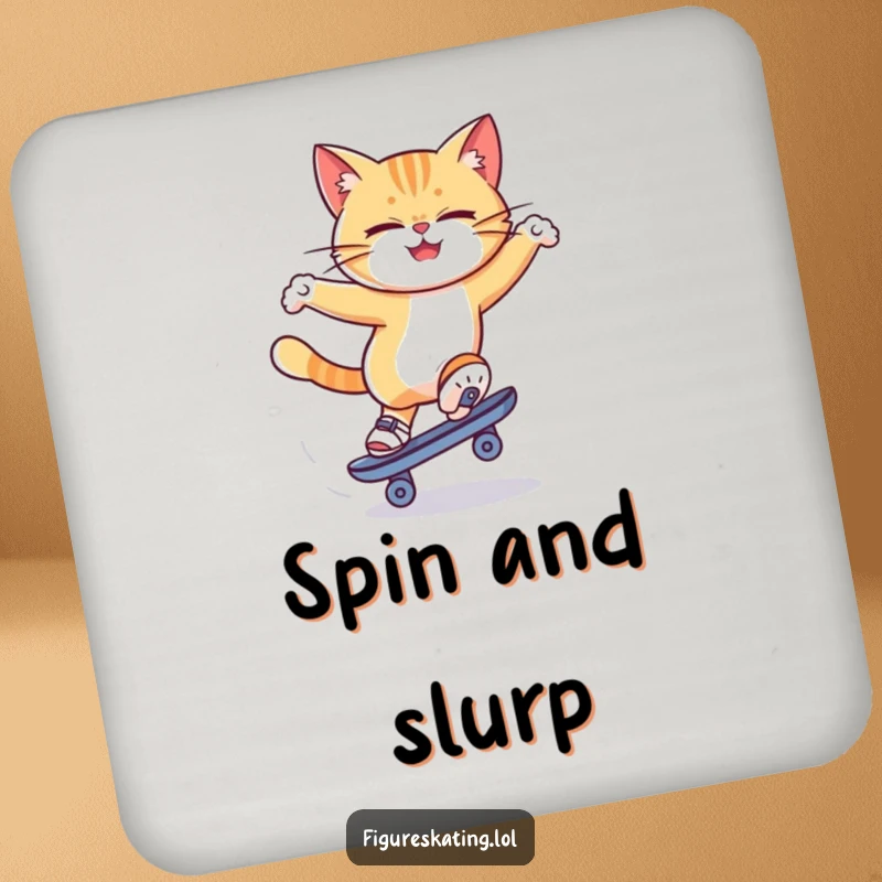 Funny cat ice skating drink coaster featuring a determined cat spinning on a skate, adding a humorous touch to beverage service.
