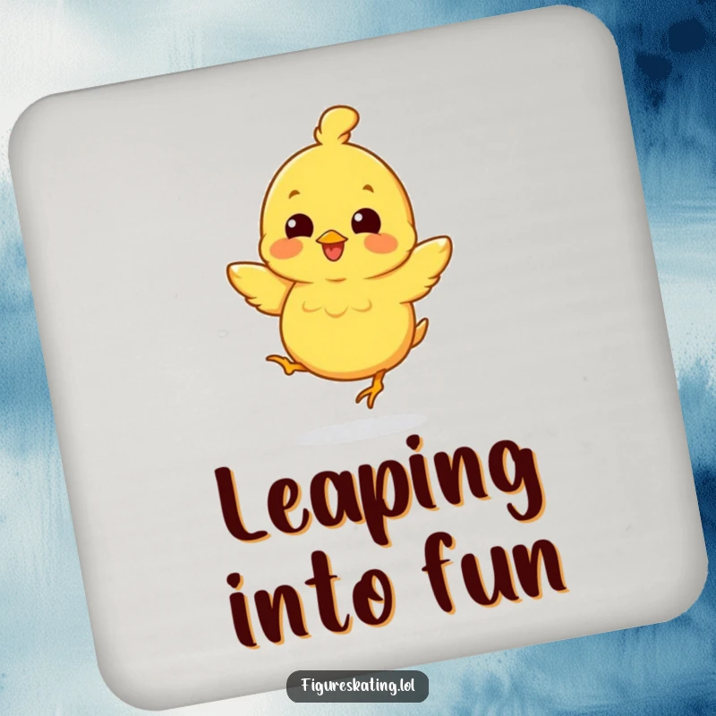 Funny drink coaster with a smiling chick in mid-jump, offering playful protection and cheerful charm.