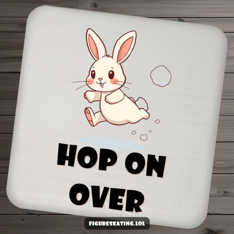 Funny drink coaster featuring a determined rabbit leaping with a puff of snow, protecting surfaces with a humorous winter touch.
