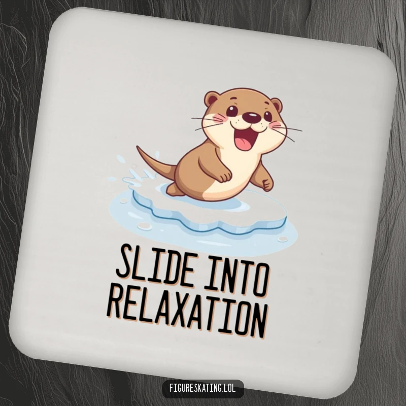 Funny drink coaster with an excited otter sliding gracefully across ice with a flourish, a playful touch for tables.