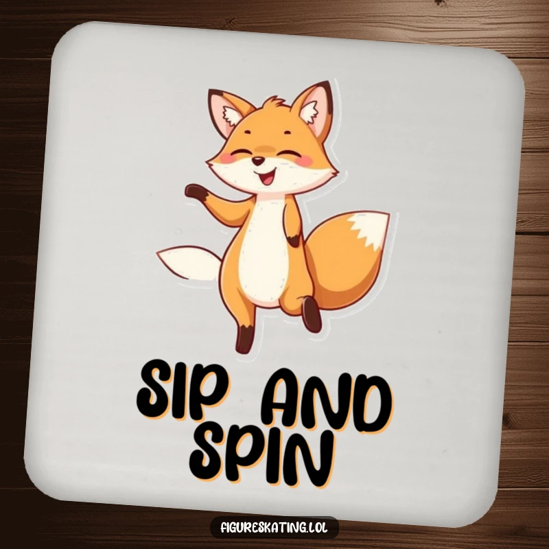 Funny drink coaster with a delighted fox smiling and twirling gracefully, protecting surfaces with humor.