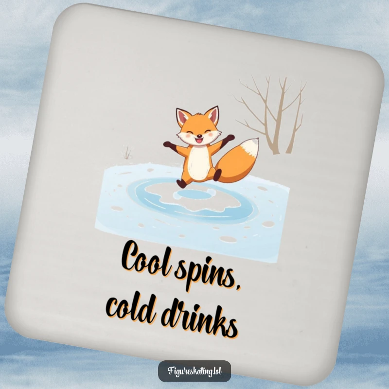 Funny drink coaster, grinning fox performing a graceful spin on a frozen pond, adding a touch of winter humor.
