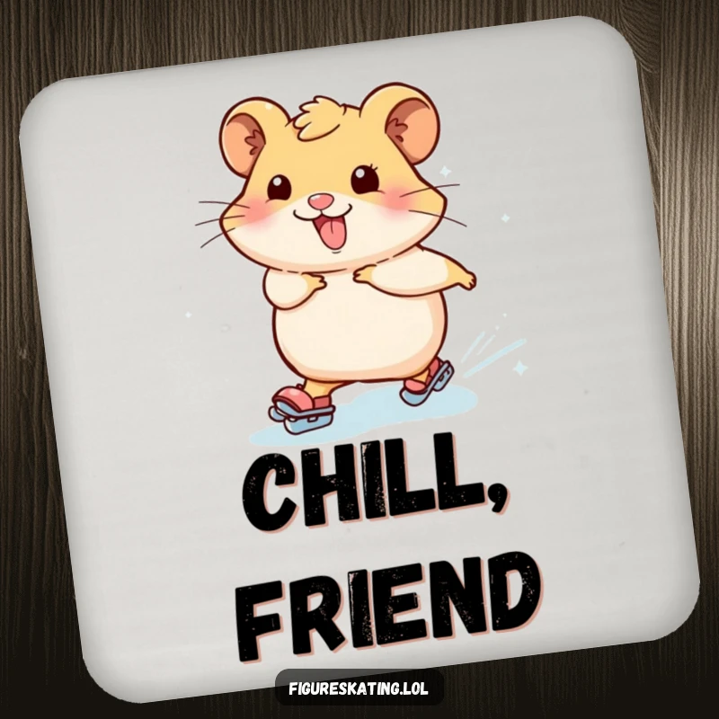 Funny hamster skating coaster featuring a happy hamster leaving a trail of icy sparkles, protecting surfaces with a touch of humor.