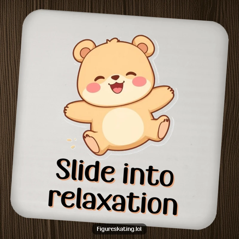 Funny drink coaster featuring a happy bear with a delighted expression gliding smoothly, protecting surfaces with a humorous touch.
