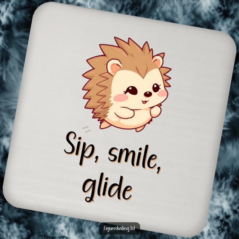 Funny happy hedgehog gliding backward with a shy smile on a drink coaster, adding humor to beverage service.