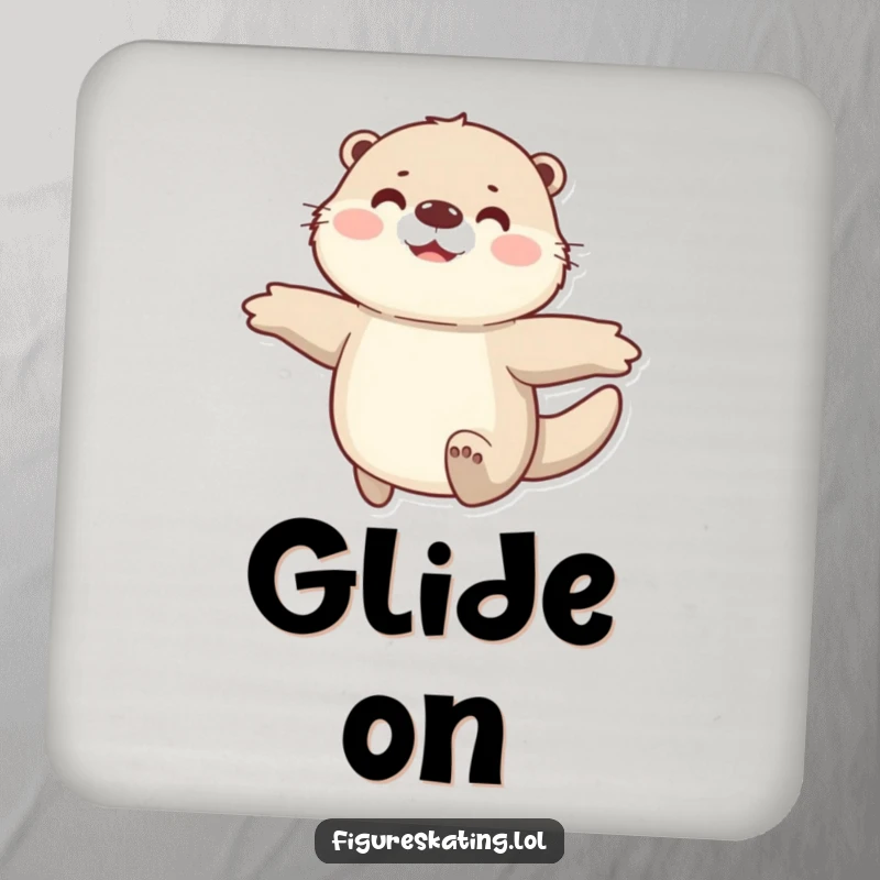 Funny drink coaster featuring a happy, fluffy otter gliding smoothly with arms spread wide, adding humor to tabletops.