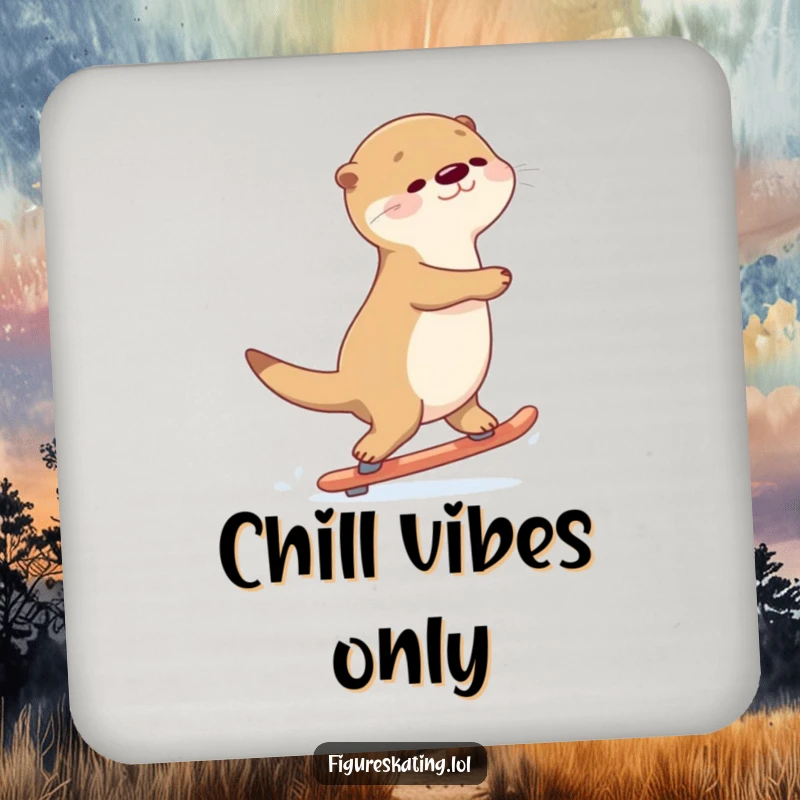 Funny Otter Gliding Coaster: A graceful otter gliding backwards on skates, protecting surfaces with humor.