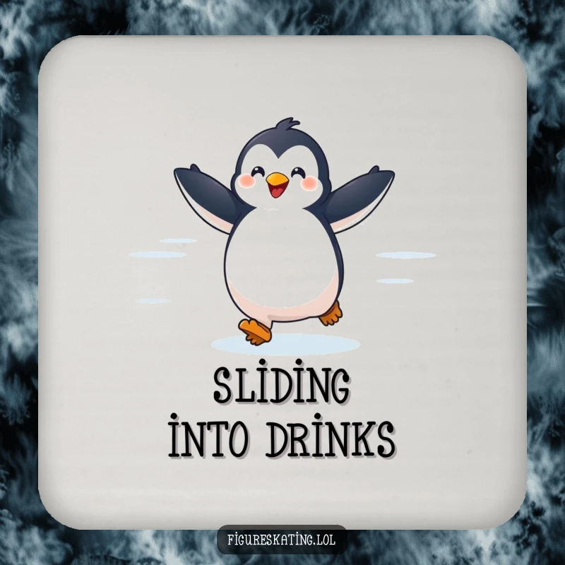 Funny drink coaster with a delighted penguin gliding across ice with arms outstretched, protecting surfaces with charming winter flair.