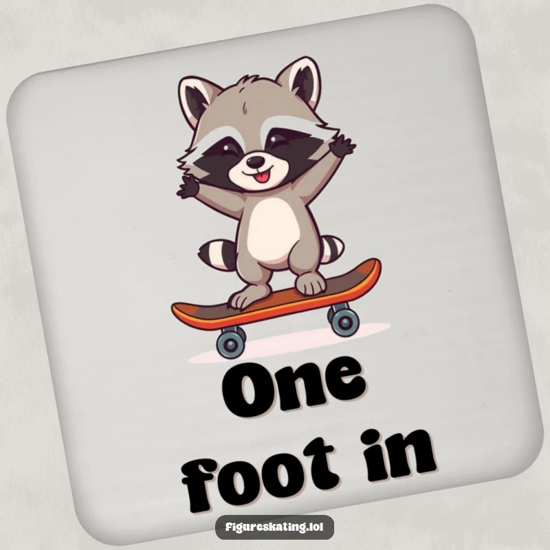 Funny Raccoon One Skate Coaster: A mischievous raccoon balancing on one skate, protecting surfaces with humor.