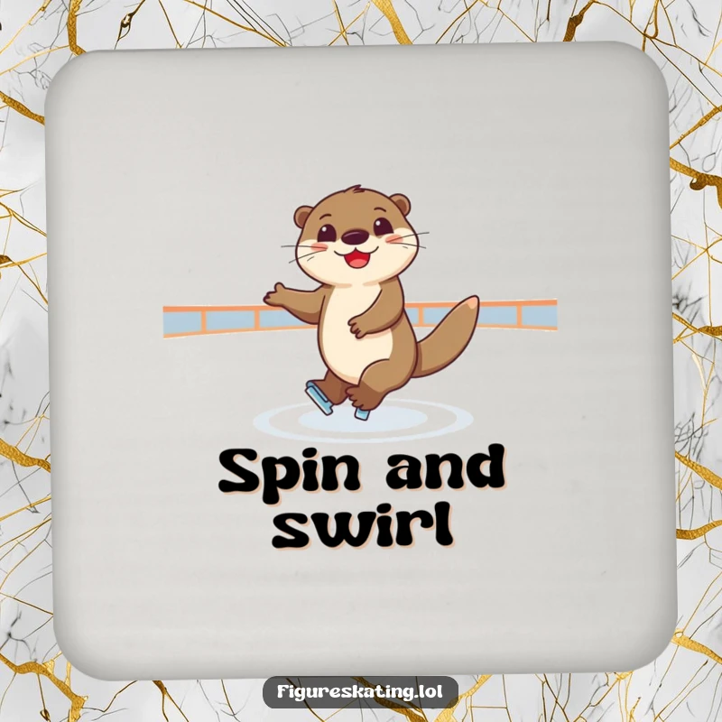 Funny drink coaster featuring a joyful otter spinning elegantly on ice, protecting surfaces with chic humor.