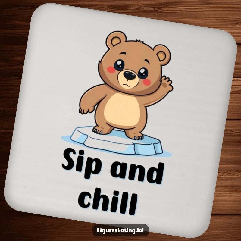 Funny Bear Coaster: A confident bear strikes a dramatic pose on ice skates, offering surface protection with athletic humor, a great funny gift.