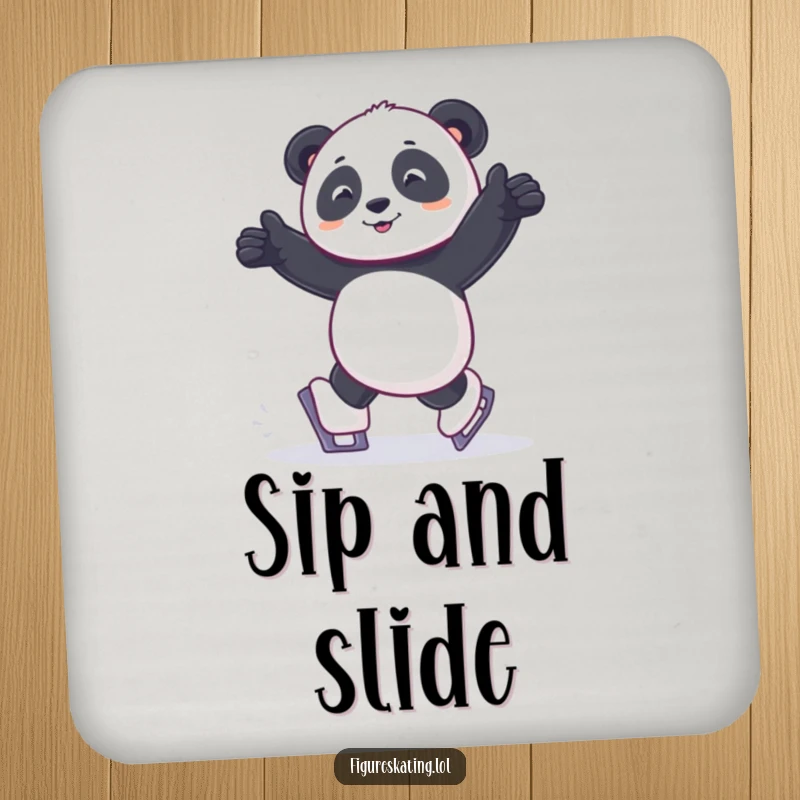 Funny drink coaster with a panda shuffling joyfully on tiny ice skates, offering surface protection with humor.