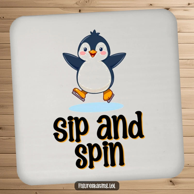 Funny happy penguin ice skating on a drink coaster, adding a festive and humorous touch to tabletops.