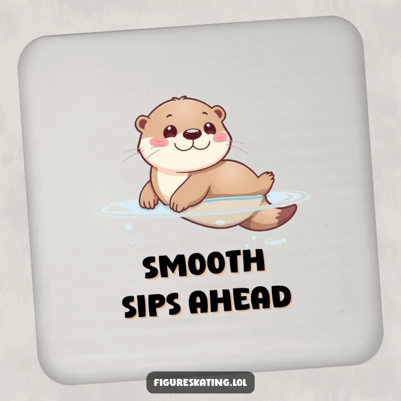 Funny drink coaster with a cute otter sliding gracefully on a smooth, wet surface, providing playful protection.
