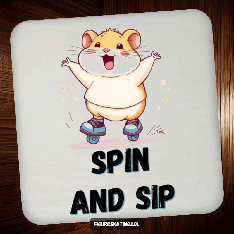Funny chubby hamster ice skating coasters, showing a hamster joyfully spinning on skates, adding a humorous and protective touch to surfaces.