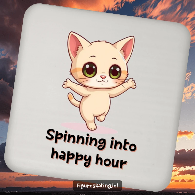 Funny drink coaster featuring a curious cat with wide eyes attempting a delicate pirouette, protecting surfaces with humor.
