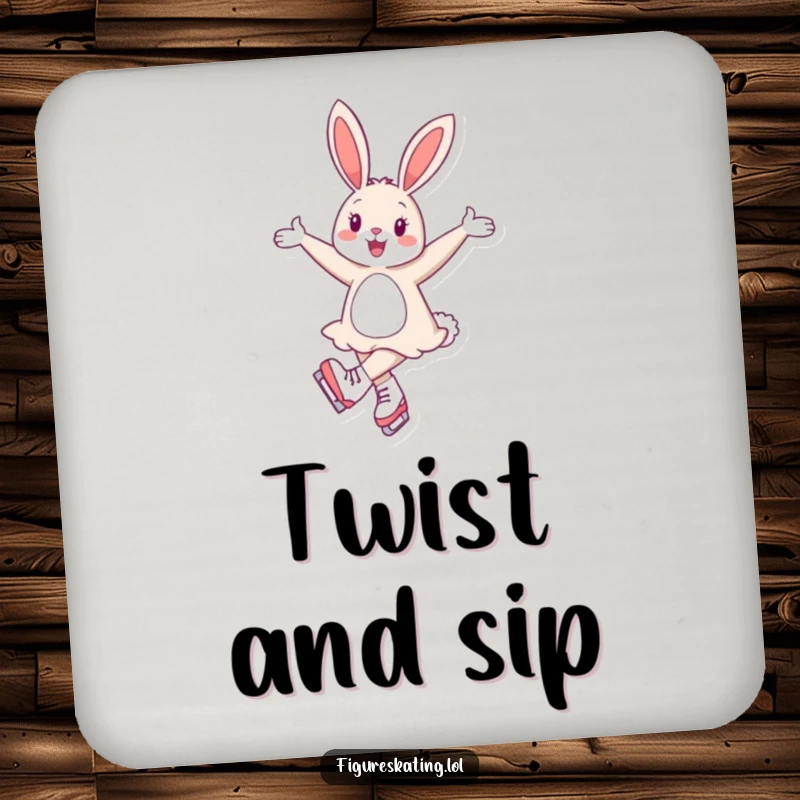 Funny drink coaster showcasing a cheerful bunny gracefully twirling on ice skates, protecting your surfaces.