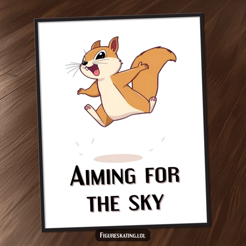 Funny squirrel poster depicting a determined squirrel leaping dynamically, capturing a moment of extreme effort and fun, ideal for wall decor.