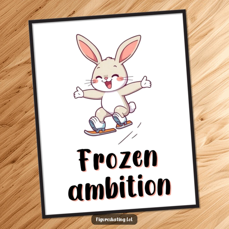 Funny poster of a determined, smiling bunny executing a graceful jump on ice skates, capturing athletic elegance.