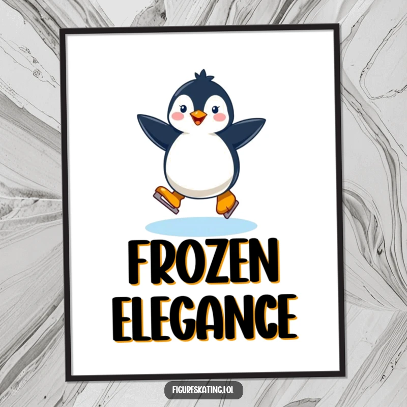 Funny happy penguin ice skating gracefully on a poster, bringing festive cheer and artistic humor.
