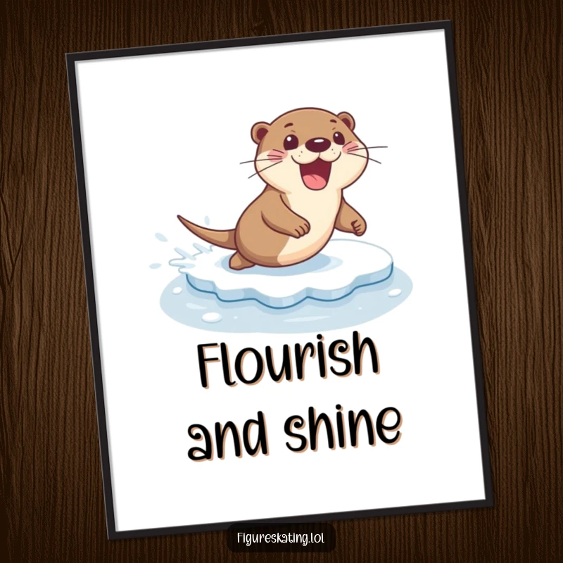 Funny poster print of an excited otter sliding elegantly across ice with a flourish and a happy, determined face.