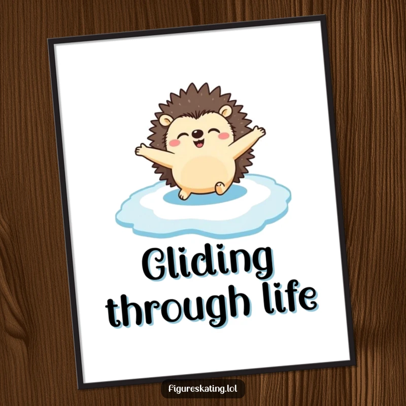 Funny Poster: A happy hedgehog gliding across the ice with arms spread, capturing winter delight and cheerful movement for wall art.