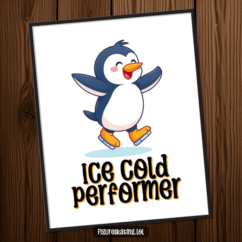 Funny poster, joyful penguin twirling with arms outstretched on ice skates, a heartwarming and humorous winter scene.