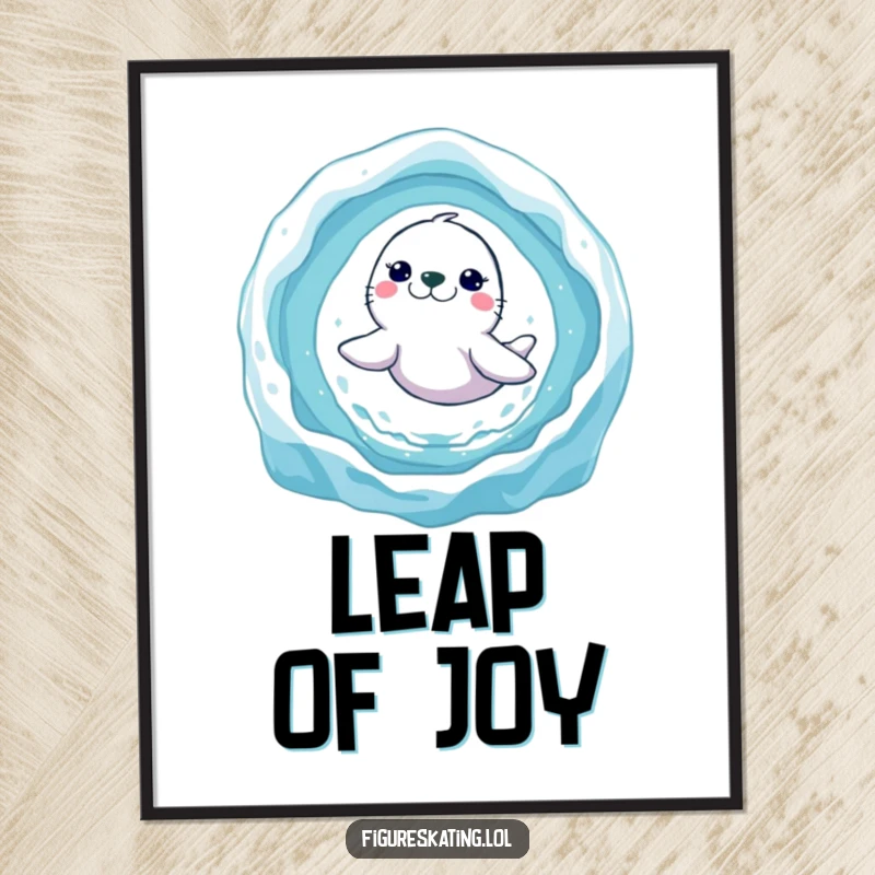 Funny seal ice ring poster with a smiling seal captured mid-leap through a dazzling ice ring, a symbol of playful achievement.