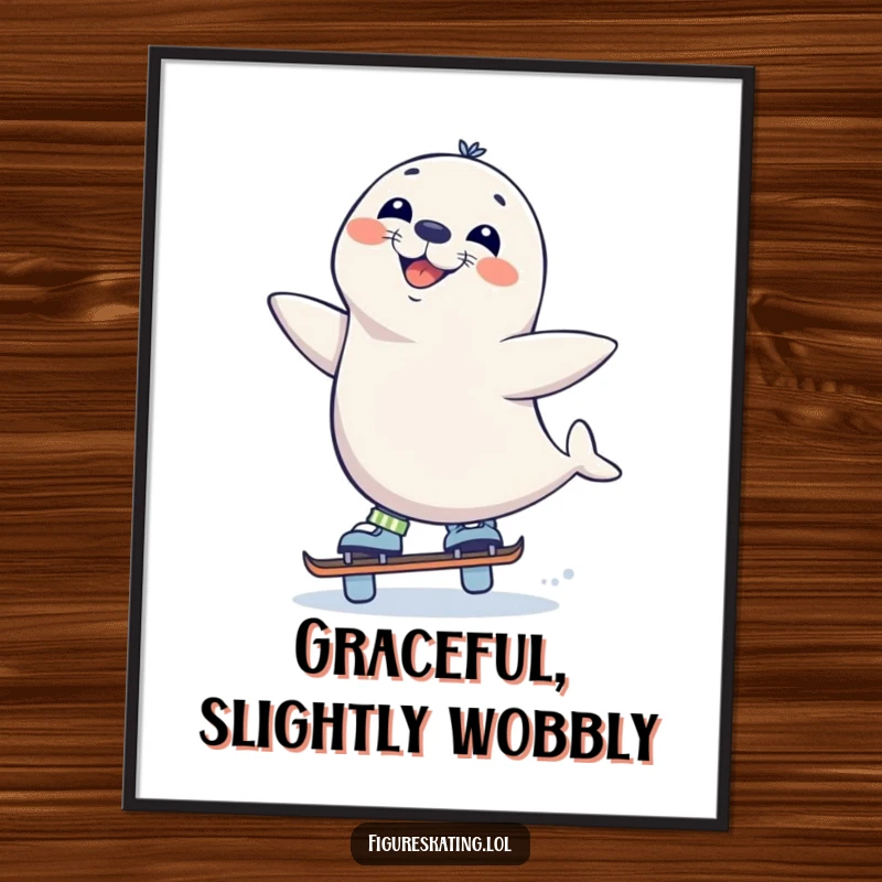Funny Seal Skate Poster, showing a curious seal balancing on one skate with a wide grin, adding playful humor to wall decor.