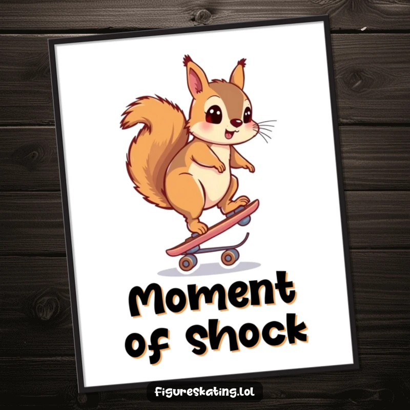 Funny poster art of a squirrel balancing unsteadily on one skate with a look of pure surprise, perfect for decor.