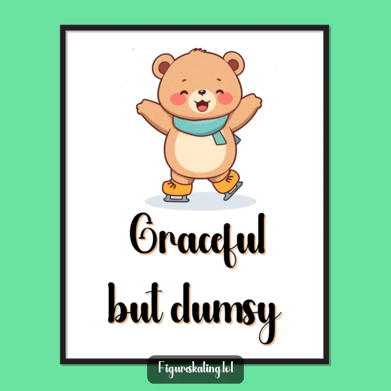 Funny Ice Skating Bear Poster: Joyful Cub Art for Humorous Winter Decor