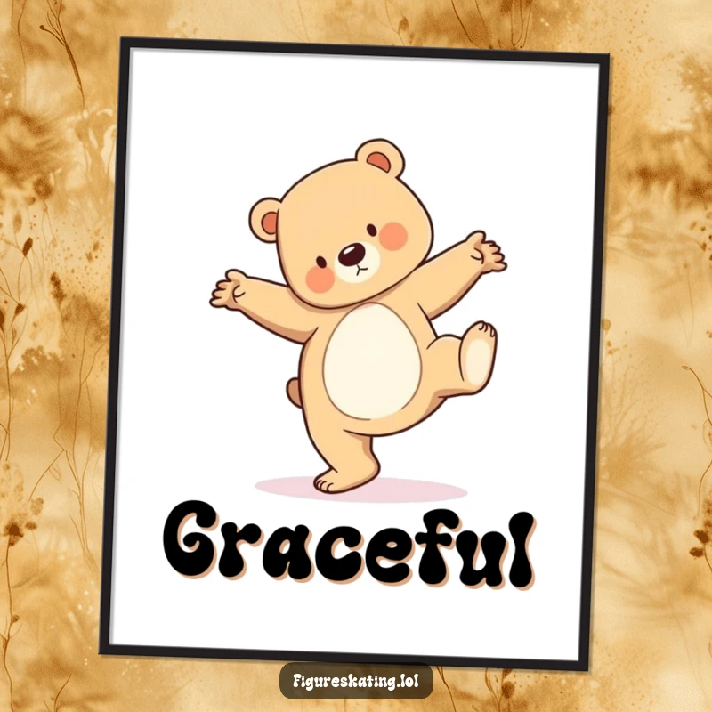 Funny poster art of a bear cub executing a surprisingly elegant pirouette, perfect for charming wall decor.