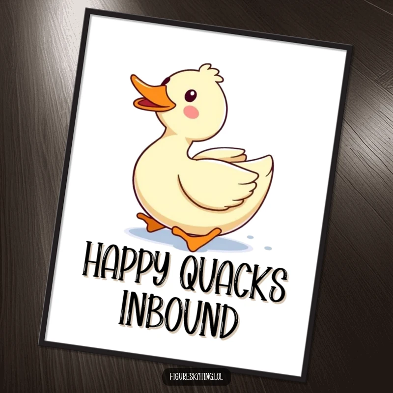 Funny poster featuring a delighted duck gliding forward with a happy quack, bringing a burst of joy and playful energy.