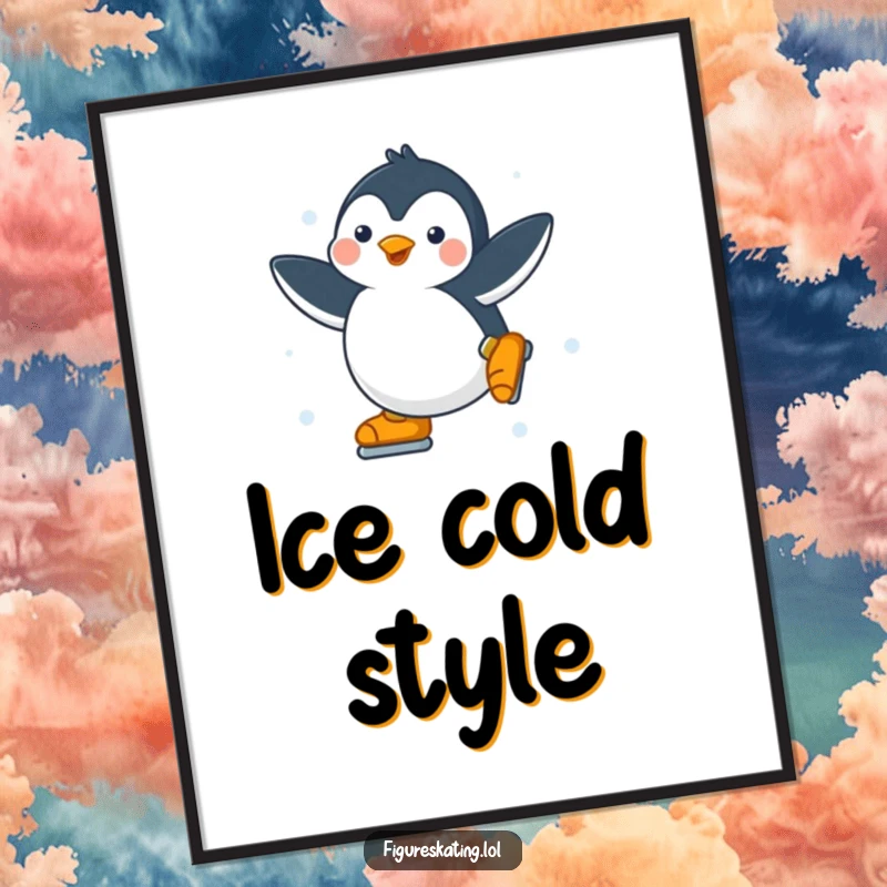 Funny Penguin Poster: Dynamic artwork of a happy penguin gracefully spinning on ice skates, adding winter sport charm.