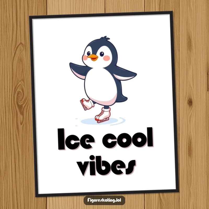 Funny penguin ice skating poster displaying a ecstatic penguin executing a graceful spin on ice, capturing the essence of skating fun.