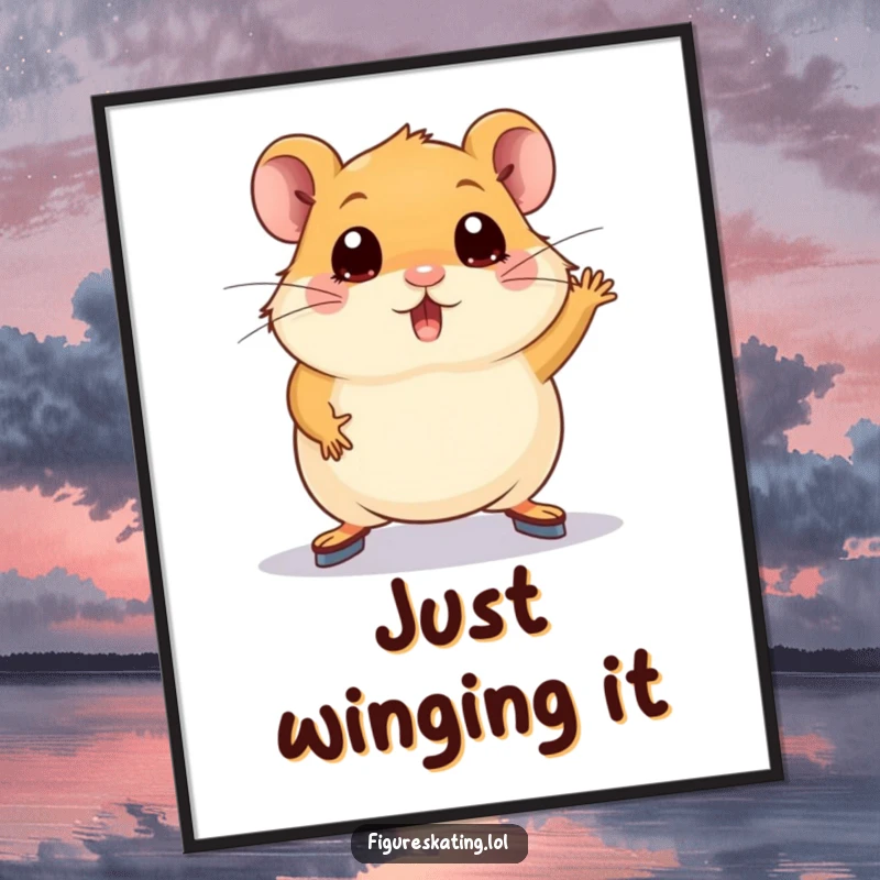 Funny hamster poster, a plump hamster with wide eyes attempting a figure skating pose, bringing humor to any room.