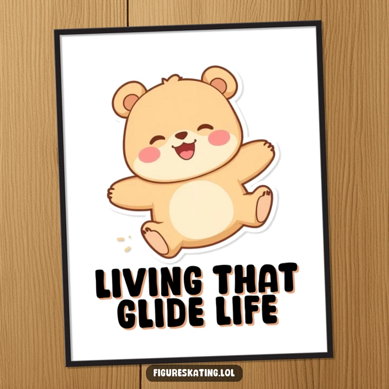 Funny poster of a happy bear with a delighted expression gliding smoothly, adding a humorous and joyful artistic touch to walls.