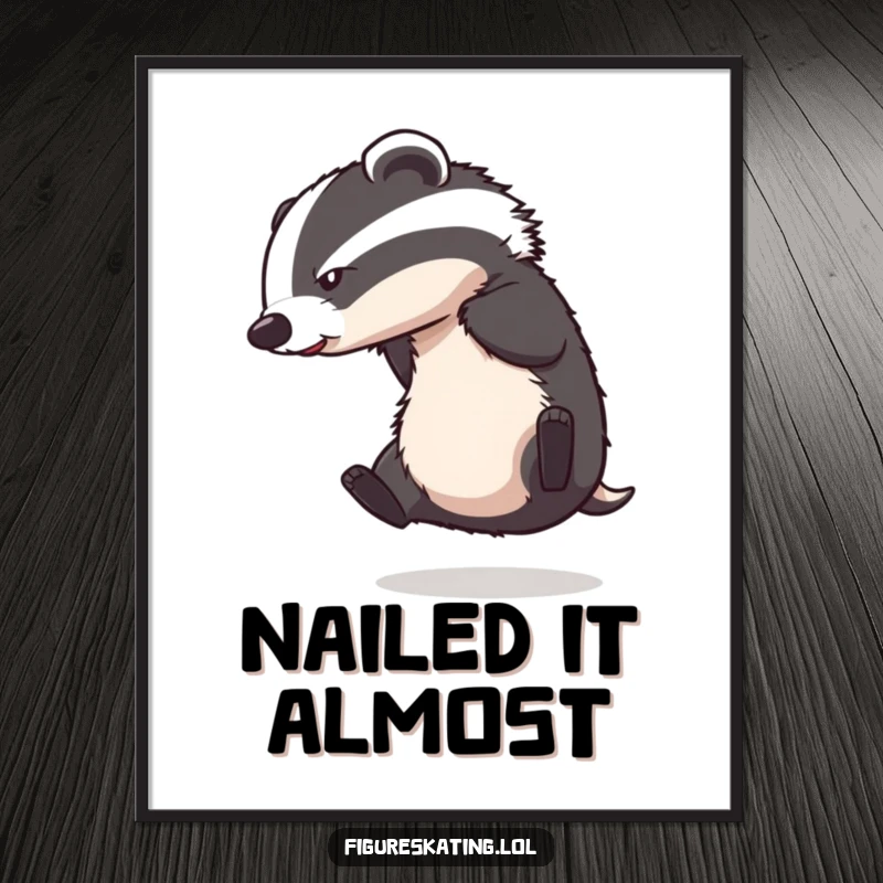 Funny poster of a badger losing balance spinning on ice, capturing a moment of comedic failure.