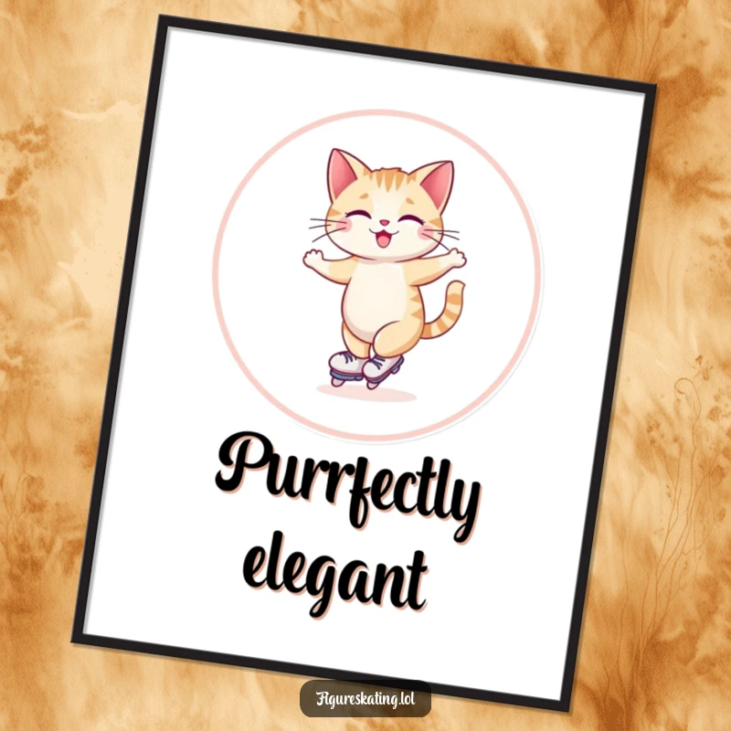 Funny poster print of a giggling cat skating gracefully in a wide circle, capturing feline joy and elegance.