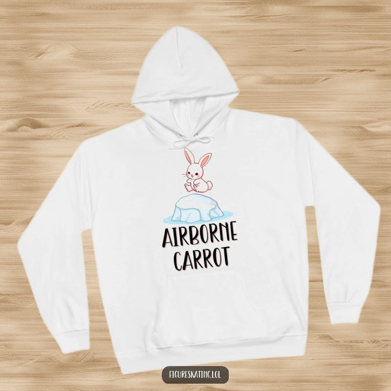Funny bunny gracefully leaping from an ice patch on a warm hoodie, perfect for cozy and playful moments.
