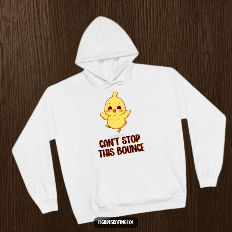 Funny hoodie depicting a jubilant chick in a small jump, smiling widely, exuding boundless optimism and joy.