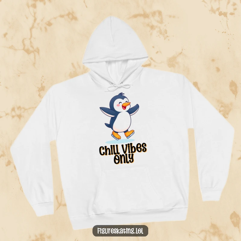 Funny hoodie, joyful penguin twirling with arms outstretched on ice skates, providing cozy warmth and winter humor.