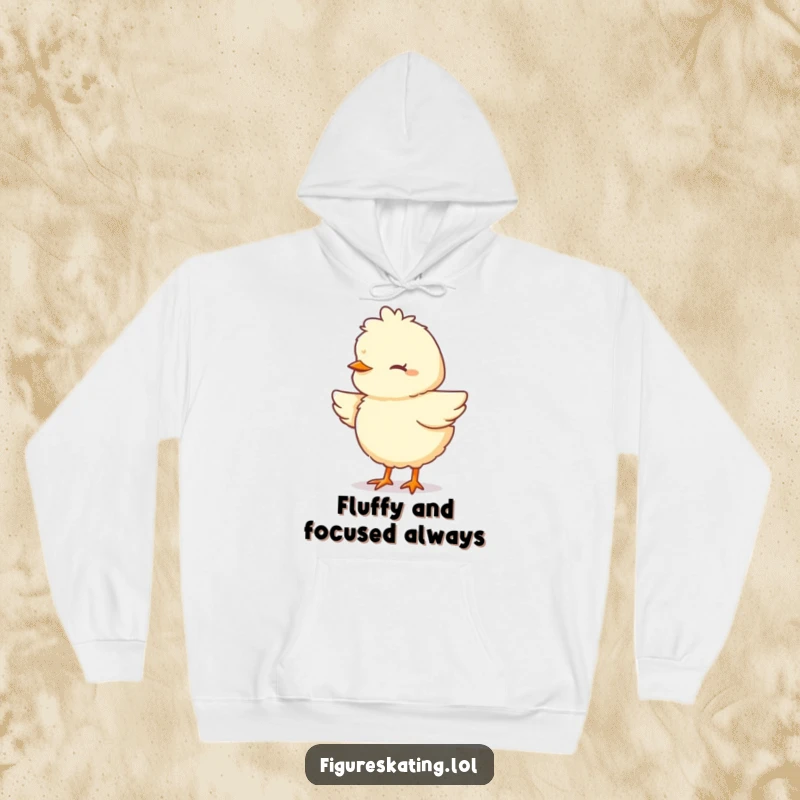 Funny Chick Hoodie featuring a fluffy cartoon chick pirouetting with eyes closed in concentration, perfect for cool weather.