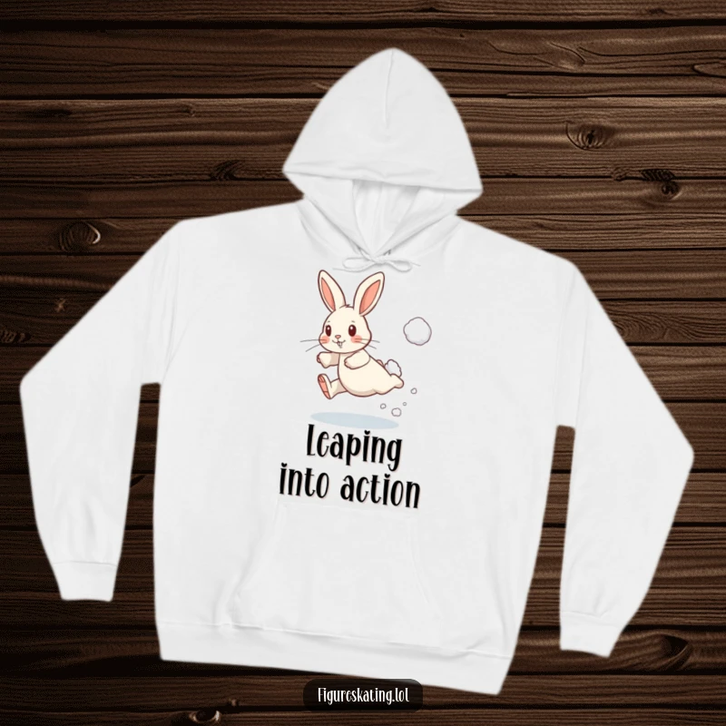 Funny hoodie with a determined rabbit leaping, creating a puff of snow, perfect for staying warm during winter fun.